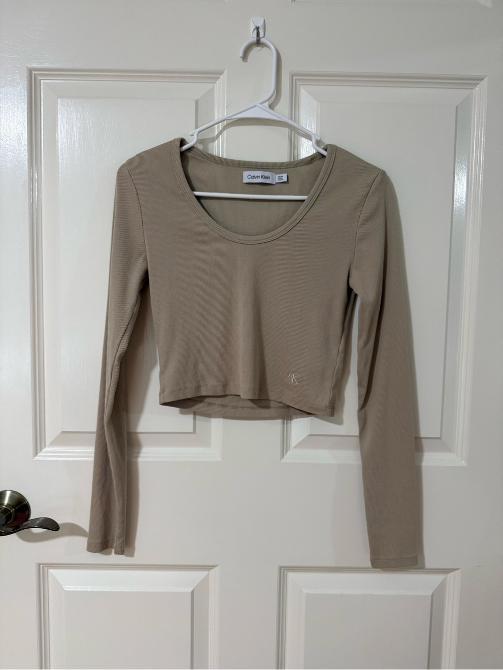 Worn Once!  Calvin Klein Women's Tan /Taupe Long-Sleeve Scoop Neck Top